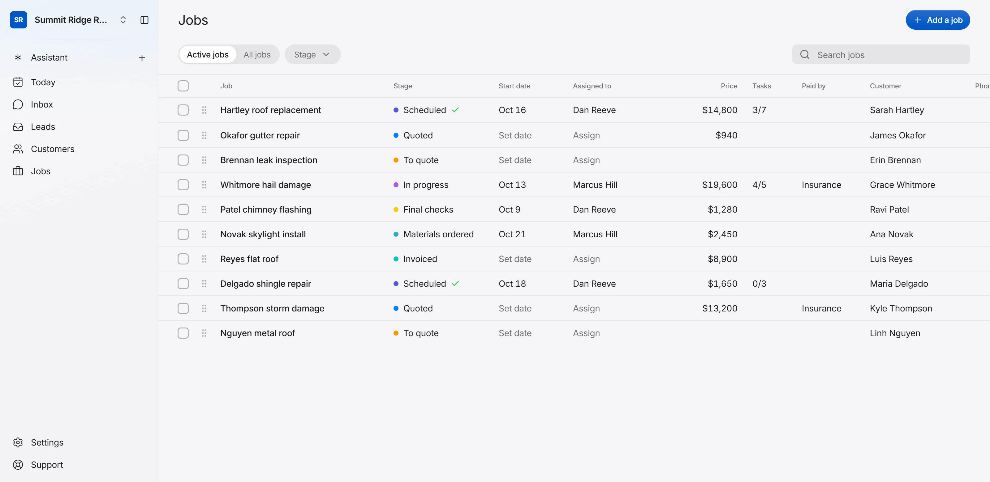The Jobs screen: every job with its stage, start date, crew, price and customer.