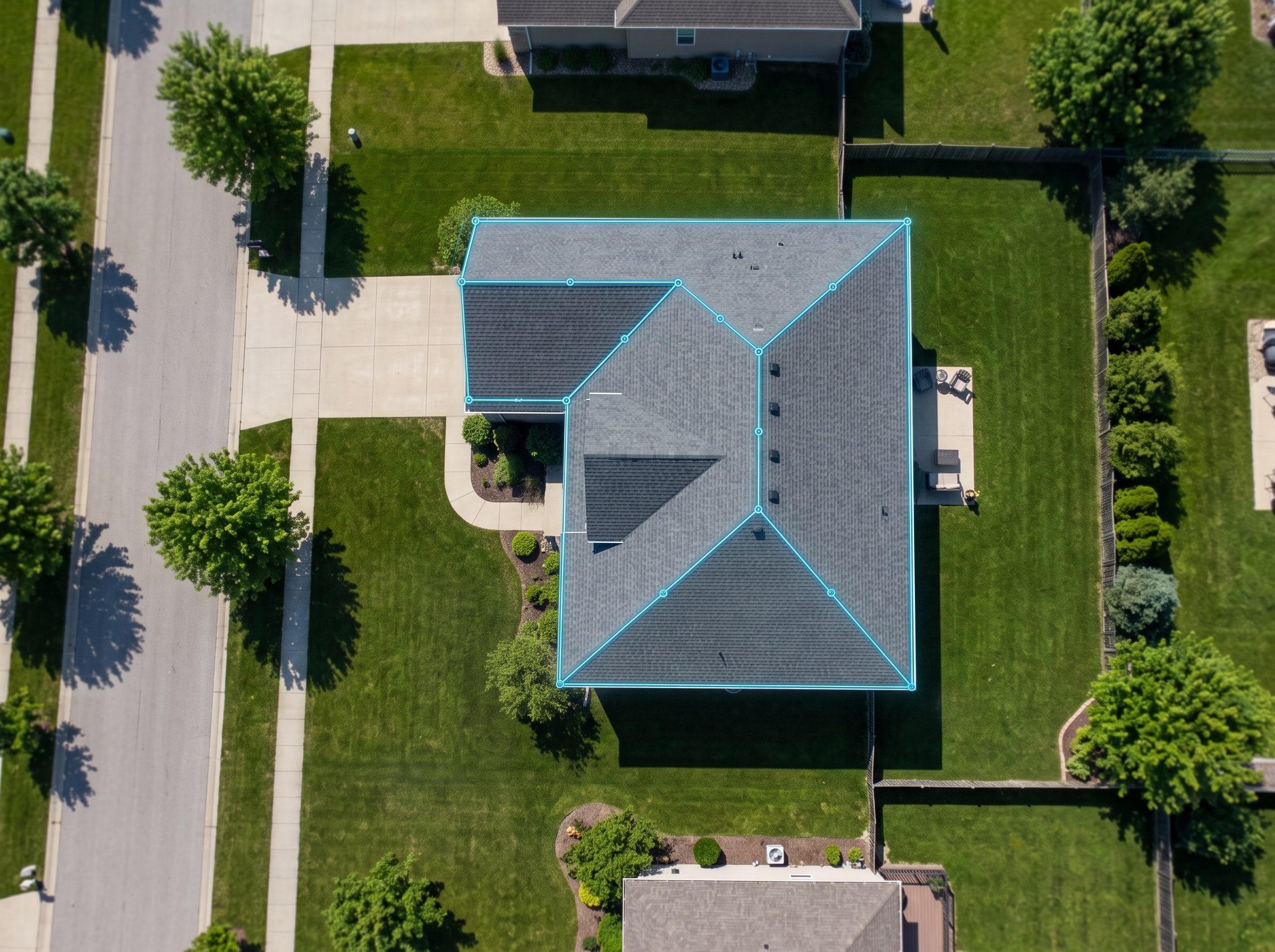 Aerial view of a home with its roof measured from satellite imagery